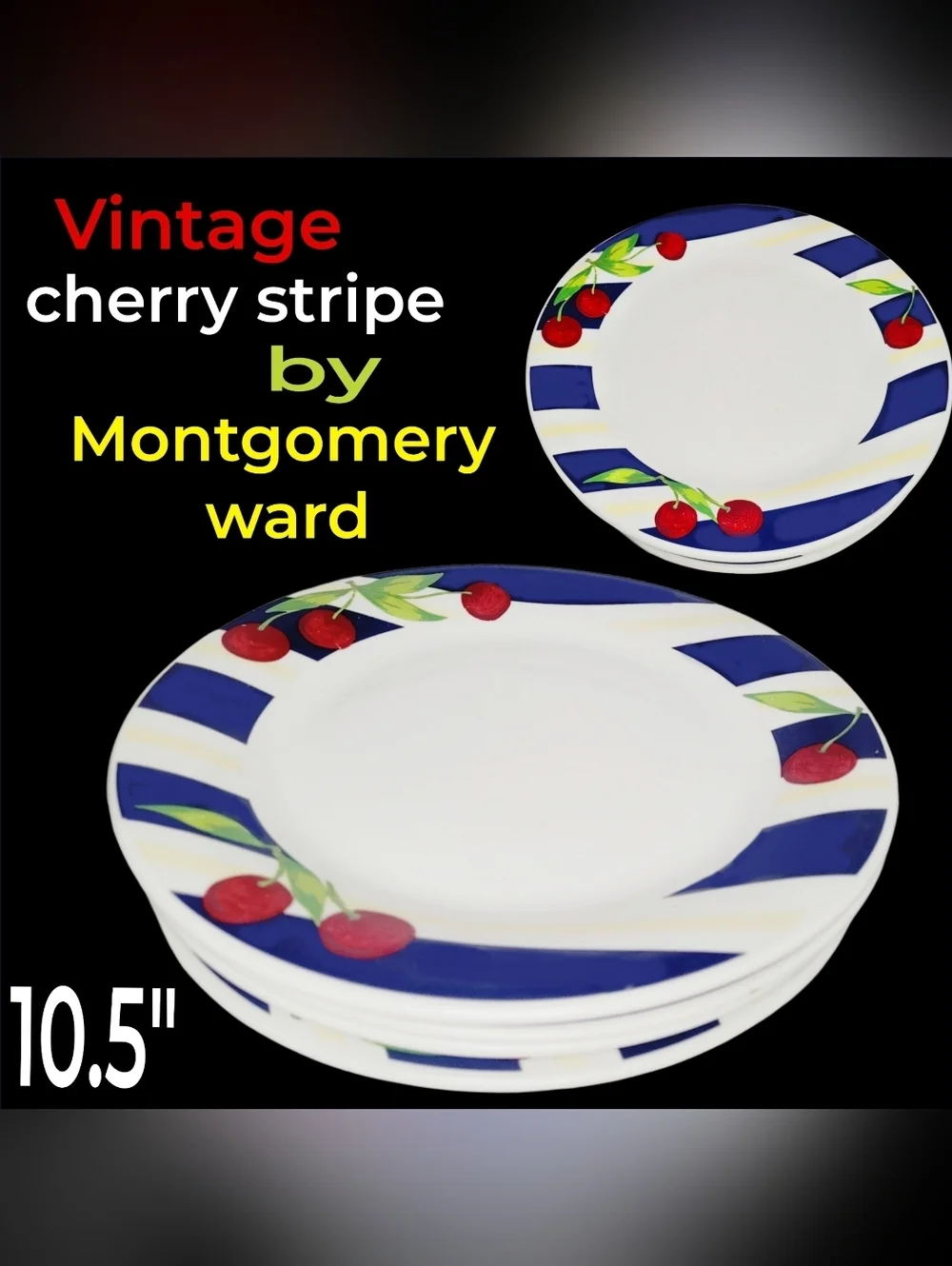 Rare 4 Vintage Cherry Stripe Plate Set By Montgomery Wards